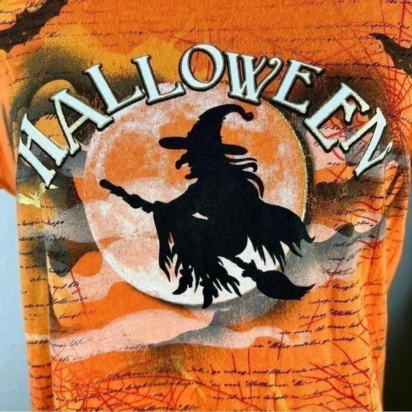 Halloween Orange Pullover Unisex T-Shirt Witch, Bats, Spider, Spider Web, Moon - Picture 2 of 11